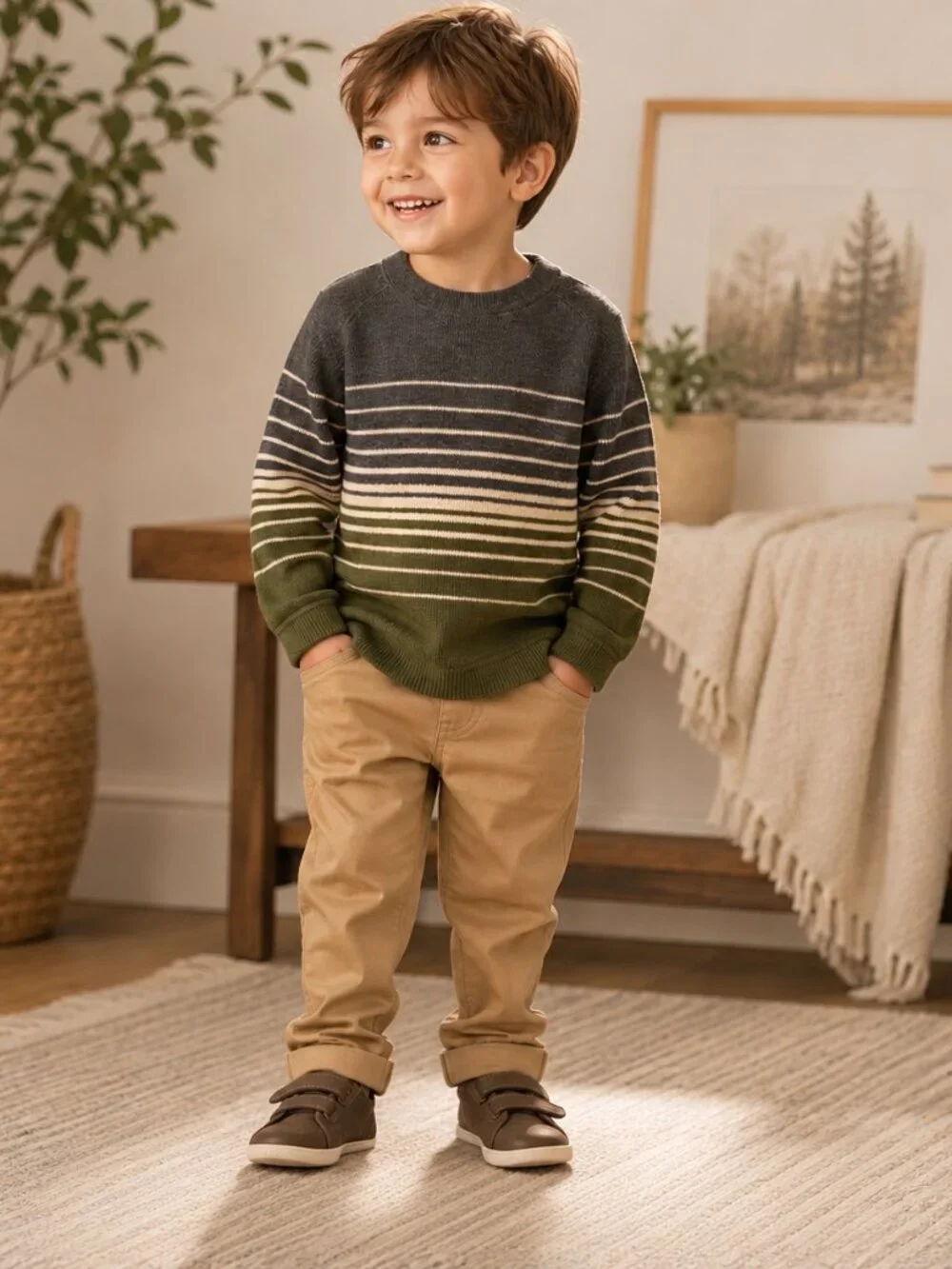 Baby Gap Toddler Striped Knit Sweater | Gray & Olive Green | Size 3 Years
